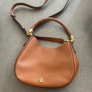 Ralph Lauren Cognac Pebbled Leather Braided-Handle Hobo